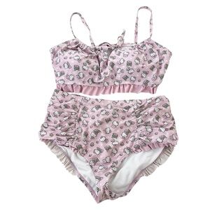 Hello Kitty Bikini Bathing Suit 2 Piece Swim Set Pink Ruffle Strawberry